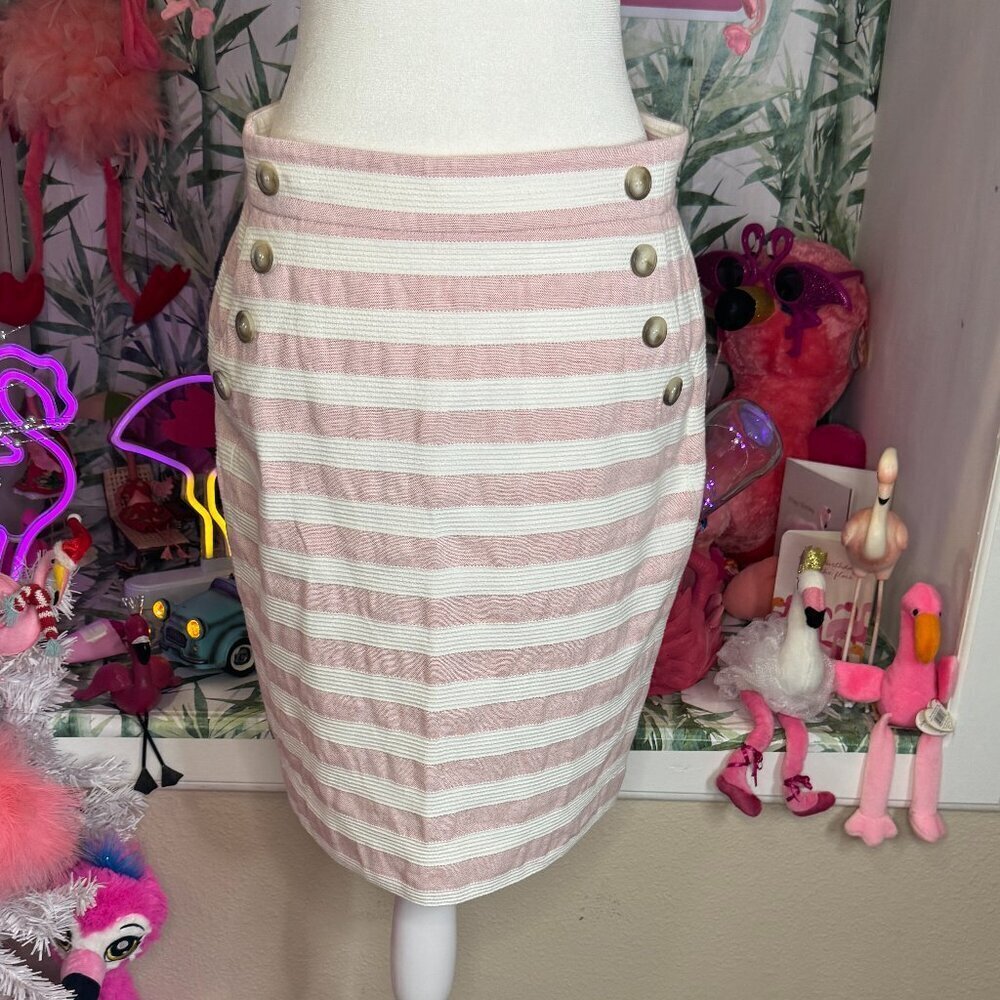 Anne Taylor Loft Pink/cream Stripe Button Detailed Skirt Size 6